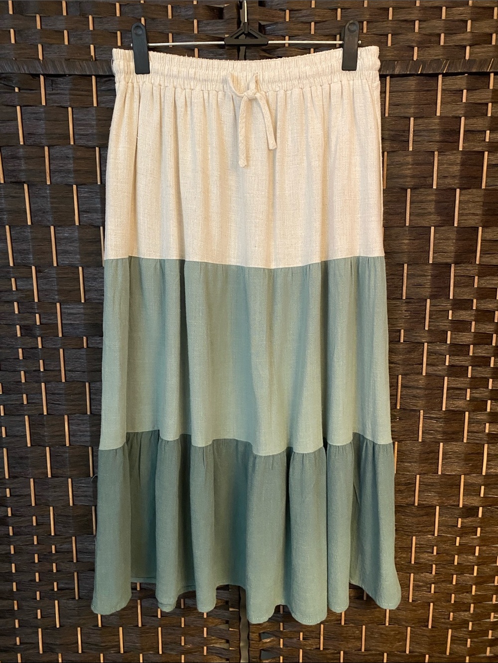 Cream & Sage Tiered Maxi Skirt w/Side Pockets Linen/Cotton Blend Size S